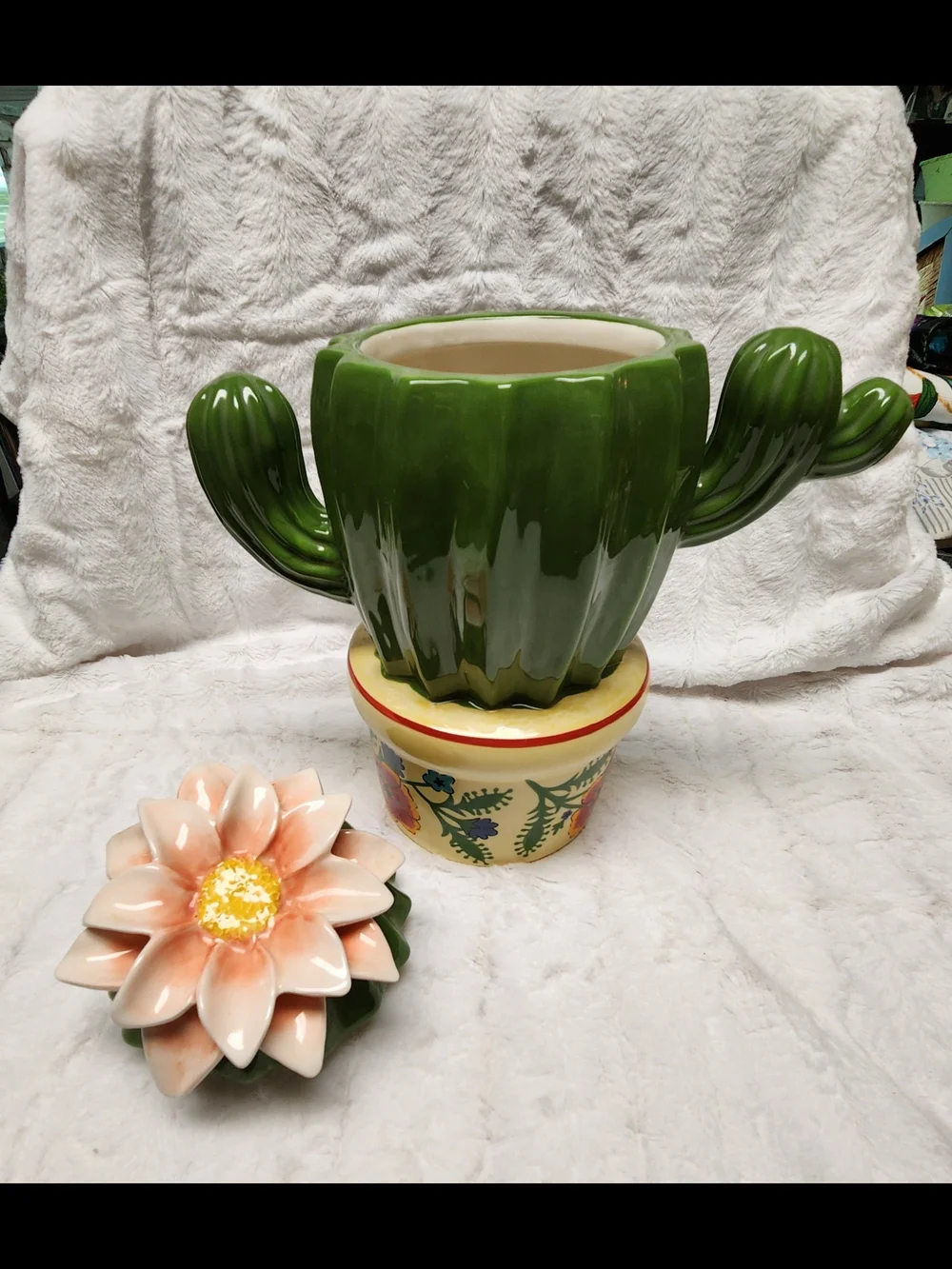 Cracker Barrel Green Cactus Cookie Jar with Peach Flower